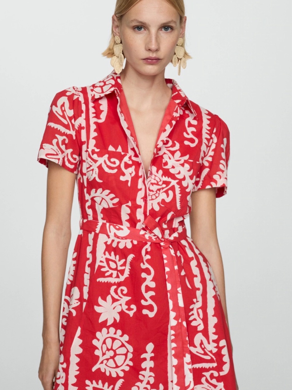 Mango Red and White Floral Button-Up Dress